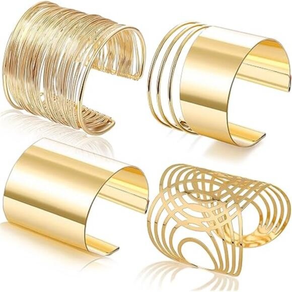 4 Pcs Cuff Bangle Bracelet for Women Open Wide Wire Bracelets Gold Wrist - Picture 8 of 8